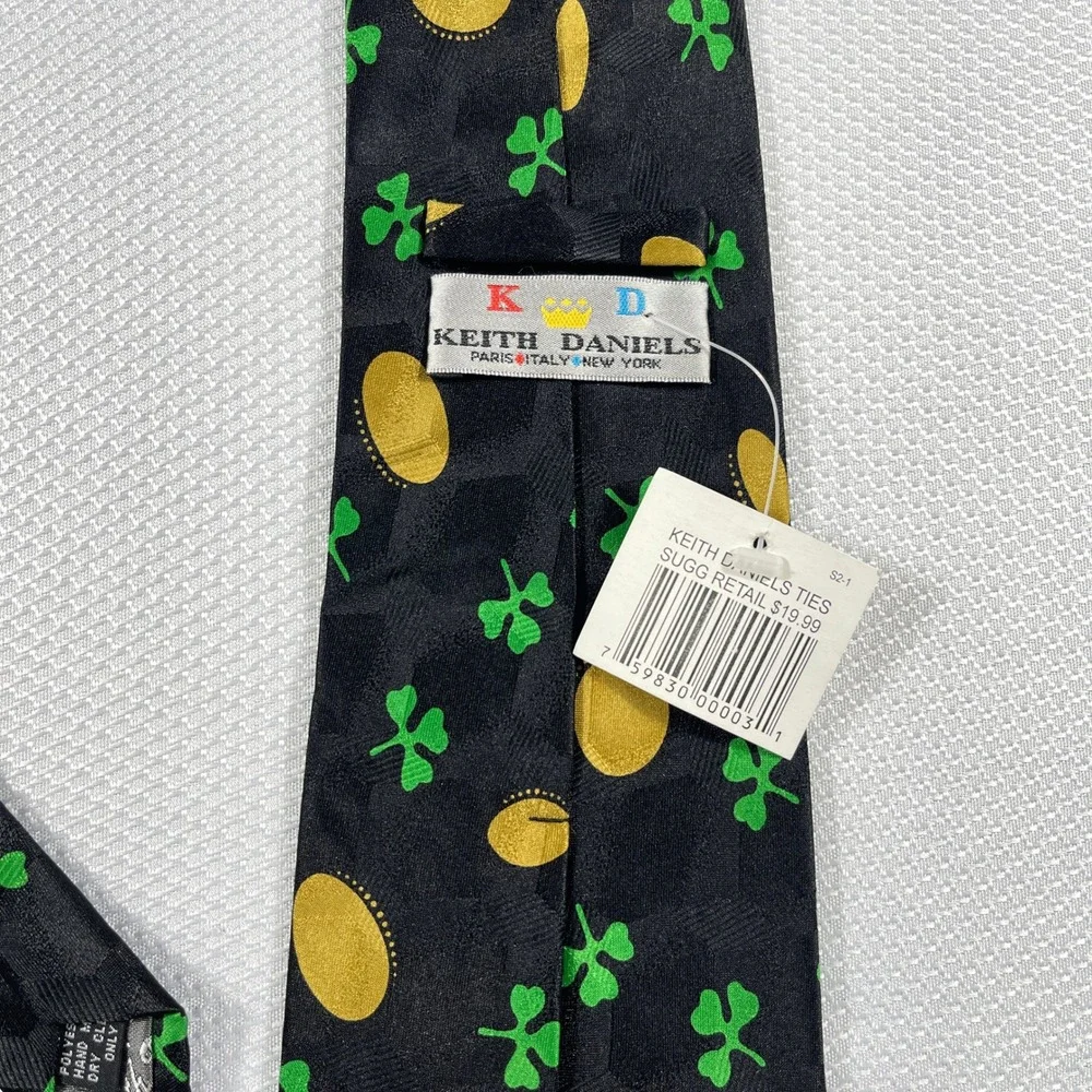 NWT Keith Daniels Mens St Patricks Day Leprechaun Shamrock Gold Coin Blk Necktie